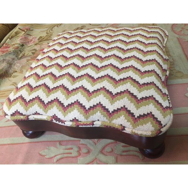 Cream Regency Mahogany Serpentine Footstool W/ Chevron Pattern Needlepoint Upholstery For Sale - Image 8 of 11