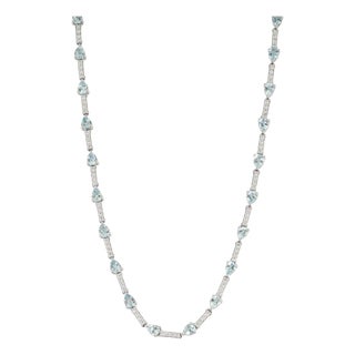 4.29ct Natural Aquamarine & 1.11ct Diamond Tennis Necklace in 14k White Gold For Sale