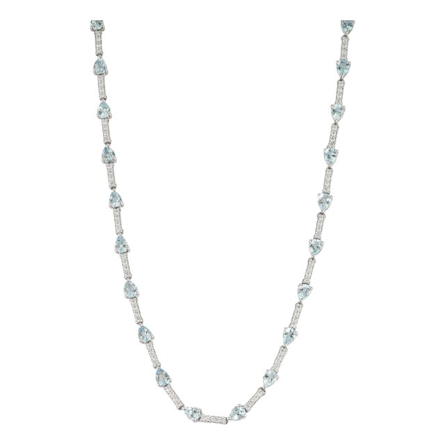 4.29ct Natural Aquamarine & 1.11ct Diamond Tennis Necklace in 14k White Gold For Sale
