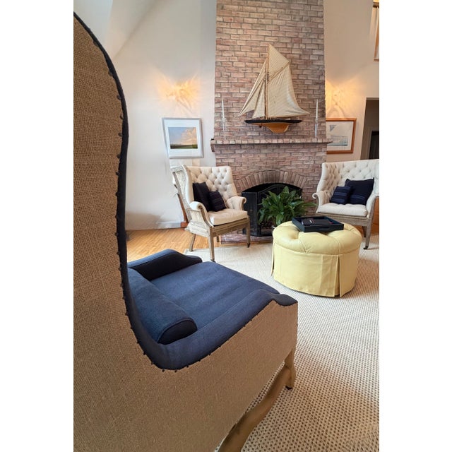 Wingback Chair in Navy Blue Linen and Tan by Restoration Hardware For Sale - Image 17 of 18