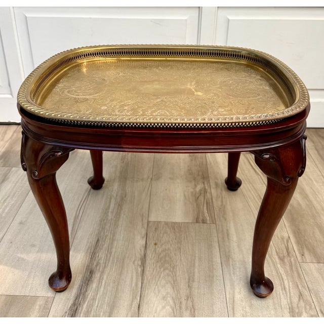 Mid-Century Queen Anne Style Mahogany Side Table With Engraved Brass Tray For Sale - Image 18 of 18
