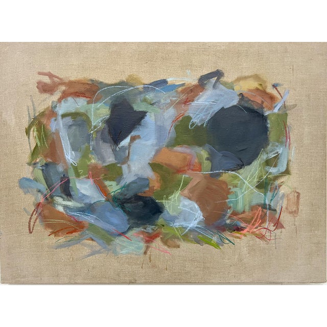 Blue Abstract on Linen, Original Painting by Virginia Harper For Sale