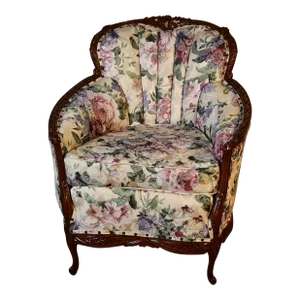 1930 French Carved Walnut & Spring-Seat Living Room Chair / New Upholstery