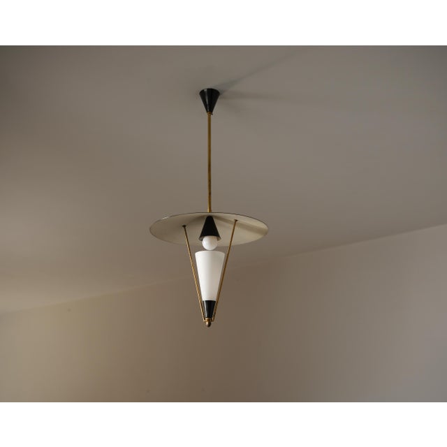 Vintage Italian Pendant Light with Black Saucer Shade and Opaline Glass, 1950s For Sale - Image 4 of 10