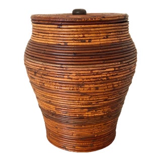 1970s Vintage Italian Style Pencil Reed Lidded Floor Basket For Sale