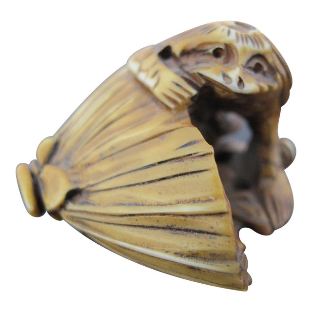 Japanese Carved Bone Kappa With Lotus Leaf Netsuke Figurine Edo Period For Sale