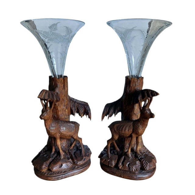 Pair of black forest Deer figural base vase holders of glass with special size and floreal design 17 cm high incl vases....