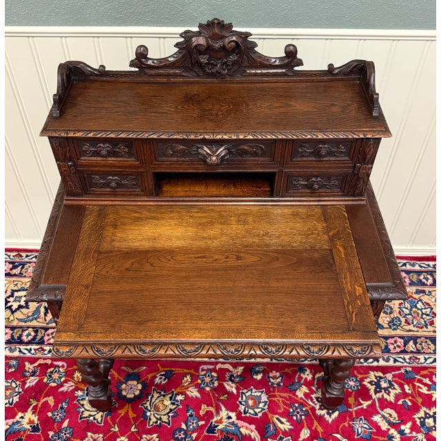 Antique French Petite Barley Twist Desk Carved Oak Renaissance Revival c.1890 For Sale - Image 12 of 18