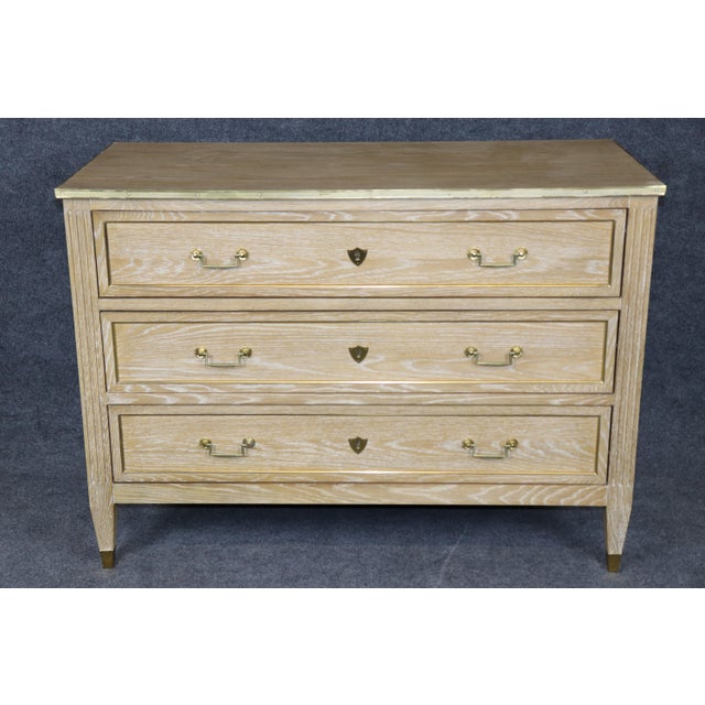 French Pair English Made Louis XVI Style Brass Mounted Ceruse Oak Commodes For Sale - Image 3 of 12