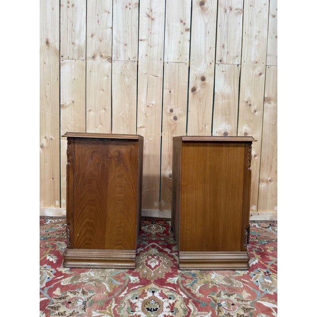 Pair of Neo-Renaissance style bedside tables in solid carved oak, second half of the 19th century, likely of Belgian or...