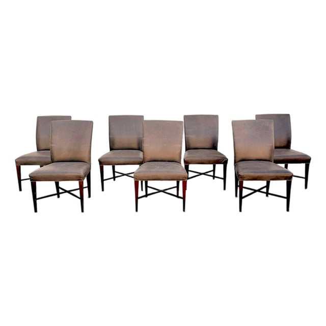 Baker Furniture Brown Leather Dining Chair Set For Sale