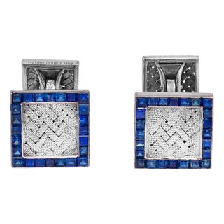 1950s Pair of Mauboussin Paris Sapphire 18k White Gold Cufflinks For Sale