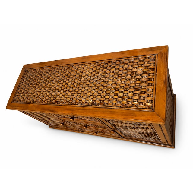 Brown 1980s Vintage Woven Rattan and Wood Credenza Sideboard For Sale - Image 8 of 11