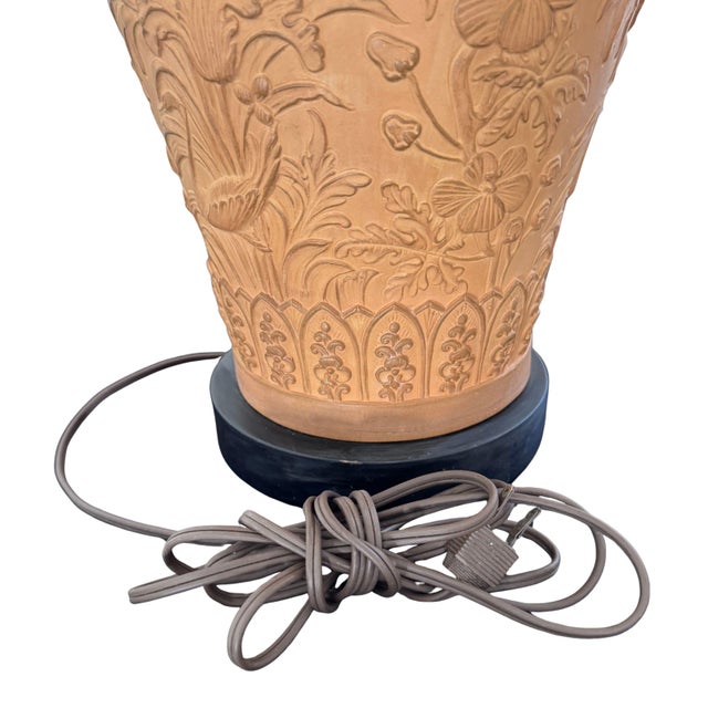 Vintage 1970's Chapman Chinoiserie Relief-Carved Terracotta Lamp W/ Original Shade For Sale - Image 9 of 12