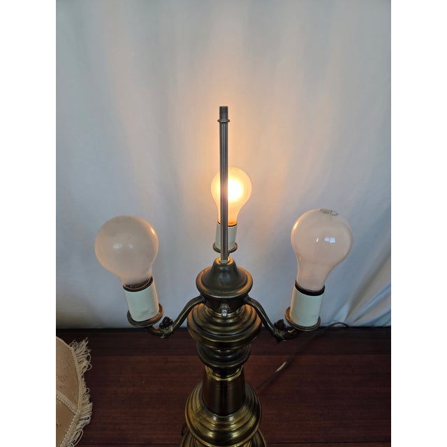 1940s Hollywood Regency Neoclassical Brass 3-Light Table Lamp W/ Fabric Fringe Shade For Sale - Image 10 of 12