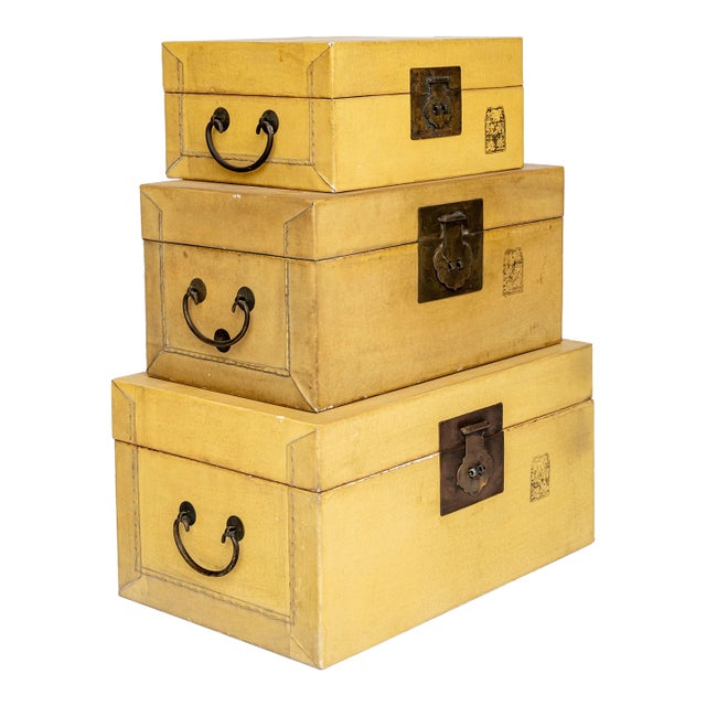 Leather & Wood Storage Boxes Stacked Group- 3 Items For Sale