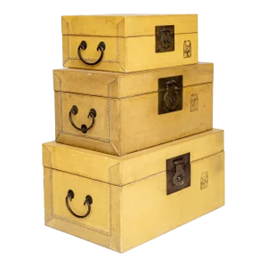 Leather & Wood Storage Boxes Stacked Group- 3 Items