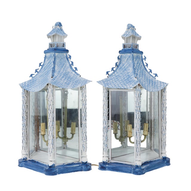 A Pair of Vintage Brighton Blue and White Chinese-Style Pagoda Wall Lamps For Sale - Image 16 of 17