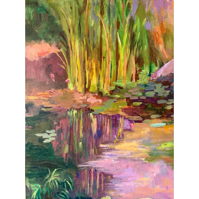 Impressionistic "Water Lily Pond" Oil on Canvas by Marion Saltzman For Sale In Miami - Image 6 of 9