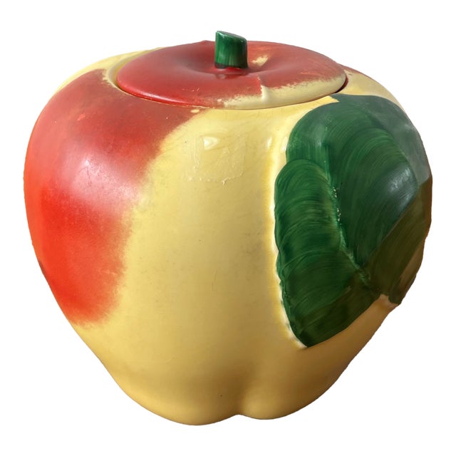 Mid-Century Ceramic Apple Cookie Jar With Sculpted Leaf Detail, Vintage Kitchen For Sale