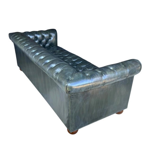 1960s Distressed Olive Green Chesterfield Leather Sofa With Tufted Back & Bun Feet For Sale In Los Angeles - Image 6 of 11