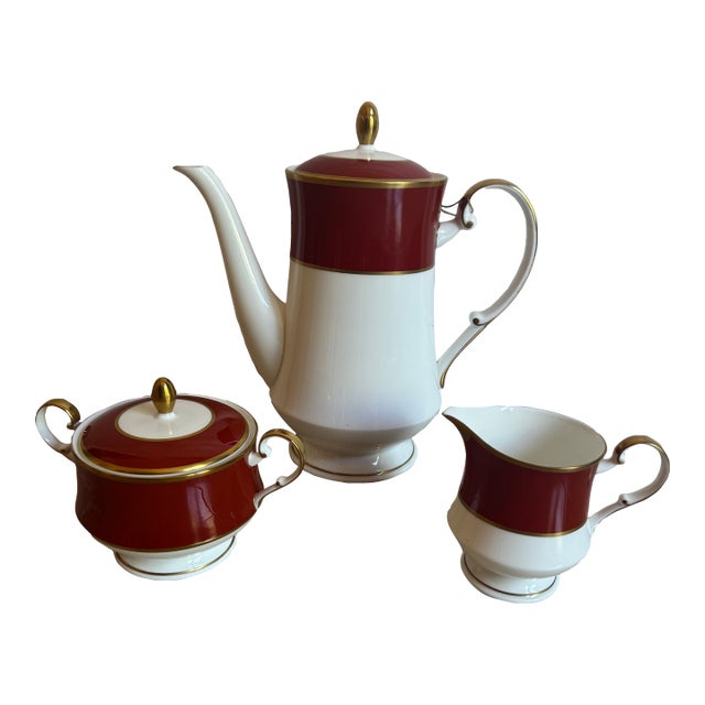 1980s Mikasa Bone China Coffee/Tea Pot Set With Creamer & Sugar Container in Mikasa Egyptian Terracotta Pattern - Set of 3 For Sale