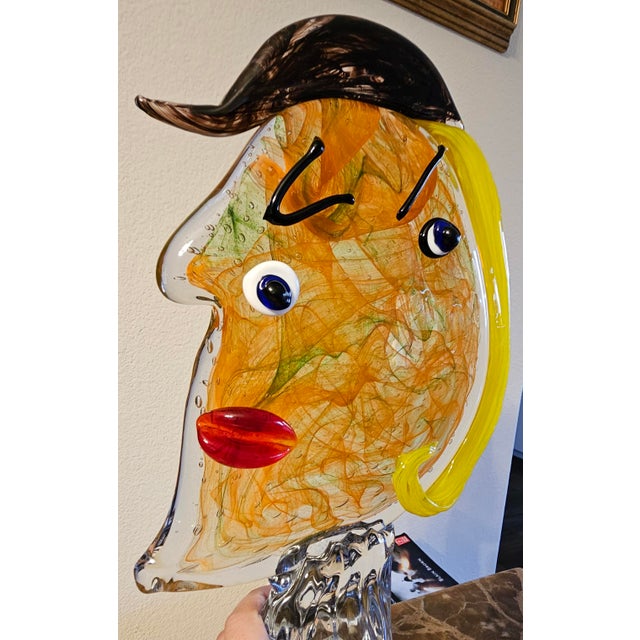 Handblown Glass Head Picasso Style Face Sculpture Paperweight Unique Face Picasso Style Art Glass Head Sculpture For Sale - Image 4 of 6