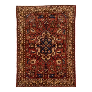 Mid-20th Century Vintage Turkish Anatolian Oushak Rug With Terracotta & Indigo Floral Medallion For Sale
