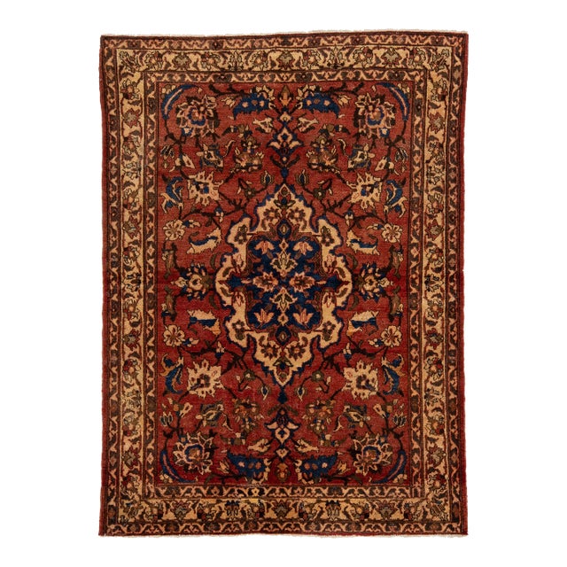 Mid-20th Century Vintage Turkish Anatolian Oushak Rug With Terracotta & Indigo Floral Medallion For Sale
