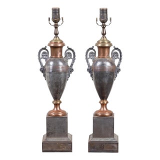 19th Century English Tôle Amphorae Shaped Table Lamps on Lucite Bases - a Pair For Sale
