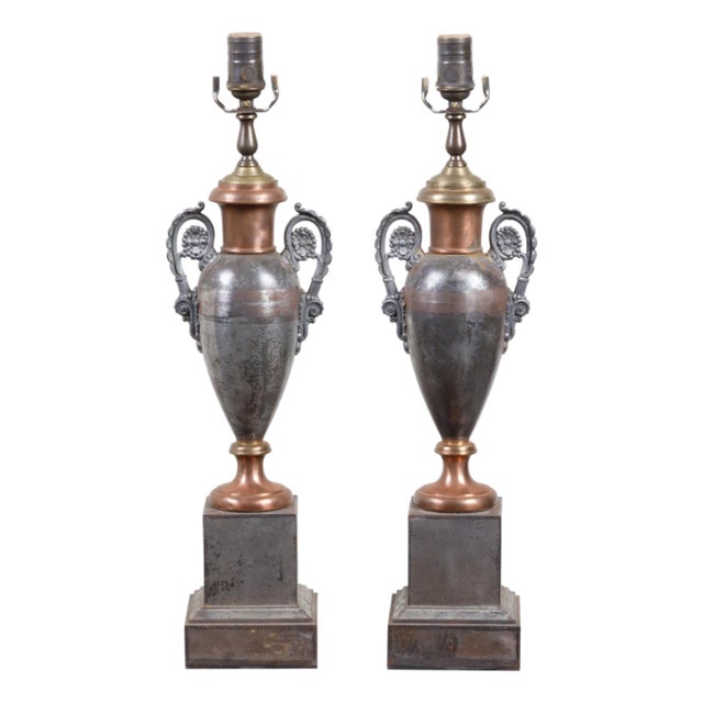 19th Century English Tôle Amphorae Shaped Table Lamps on Lucite Bases - a Pair For Sale