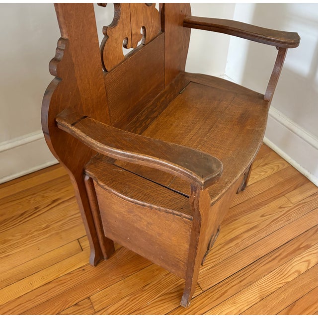 Antique American Carved Quarter-Sawn Oak Hall Tree Seat Stand With Mirror For Sale - Image 10 of 15
