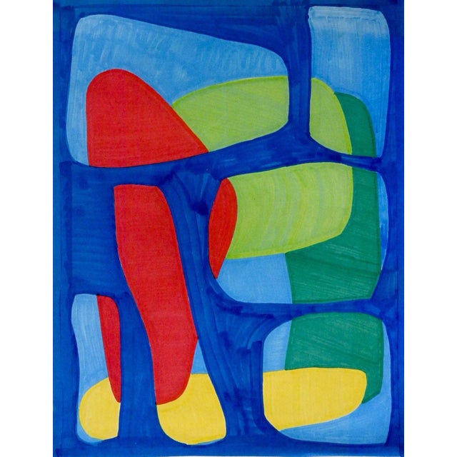 Mid-Century Modern Contemporary Abstract Blue Red Green Yellow Shapes Print For Sale - Image 3 of 3