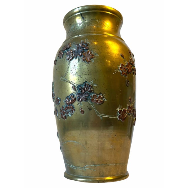 19th Century Antique Japanese High Relif Birds Flowers Mixed Metal Bronze Copper Brass Vase For Sale - Image 9 of 11
