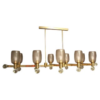 Vintage Large Brass & Grey Murano Glass Oval Chandelier For Sale