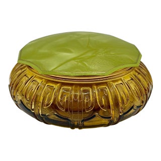 Vintage Amber Glass Vanity Jar With Green Bakelite Style Lid For Sale