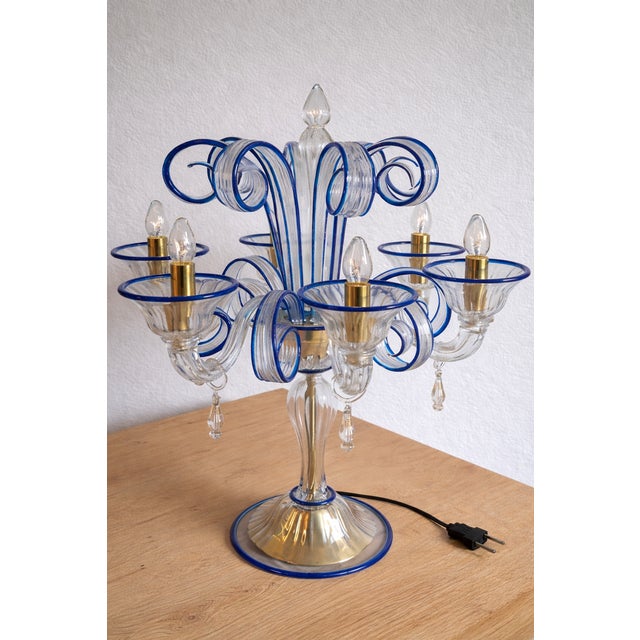 2010s Table Lamp Murano Glass 5 Arms in Clear and Blue For Sale - Image 5 of 6