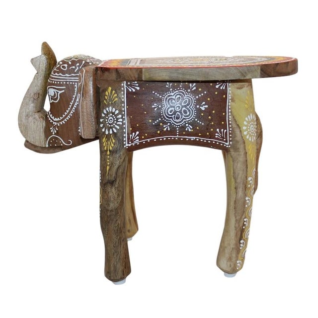 Art Deco Elephant Stool Mango Wood Handmade With Mandala Painting Plant Stool Decoration For Sale - Image 3 of 10