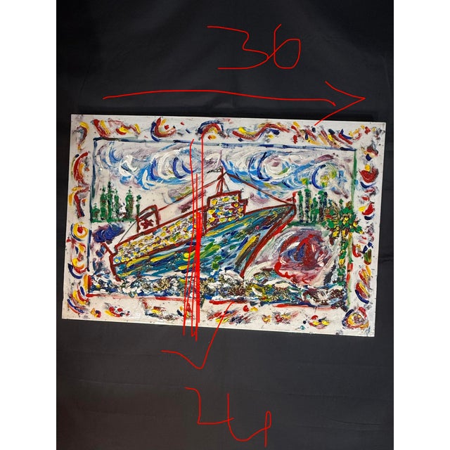 Colorful Mixed Media Boat Painting For Sale - Image 9 of 11