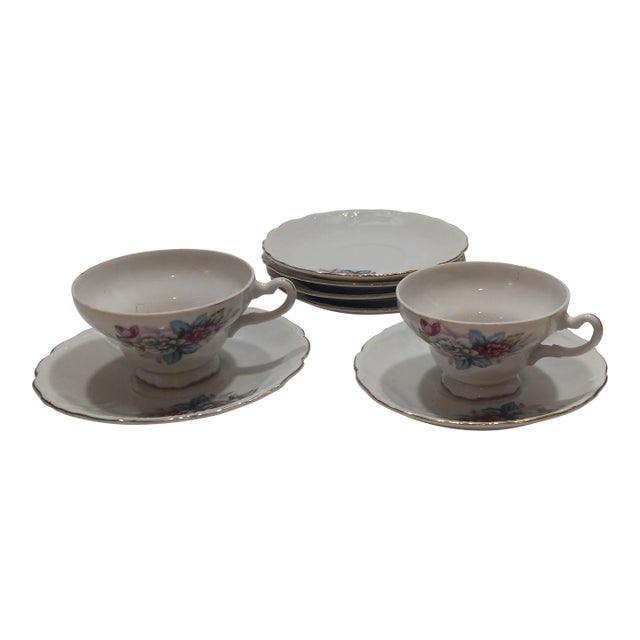 1950s Pink, Blue & Green Floral Tea Cups & Saucers with Gold Trim, Made in Japan- 8 Pieces For Sale