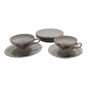 1950s Pink, Blue & Green Floral Tea Cups & Saucers with Gold Trim, Made in Japan- 8 Pieces