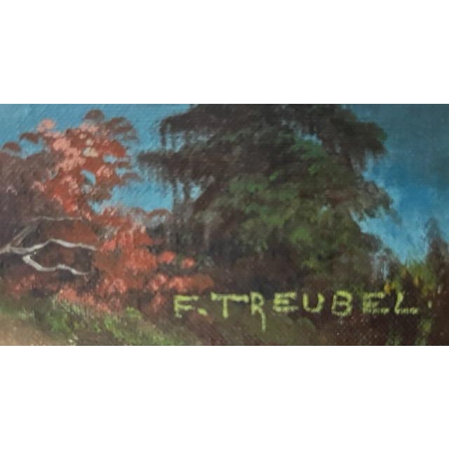 A charming mid-century Alpine landscape oil painting by Frieda Treubel, depicting a serene turquoise mountain lake framed...