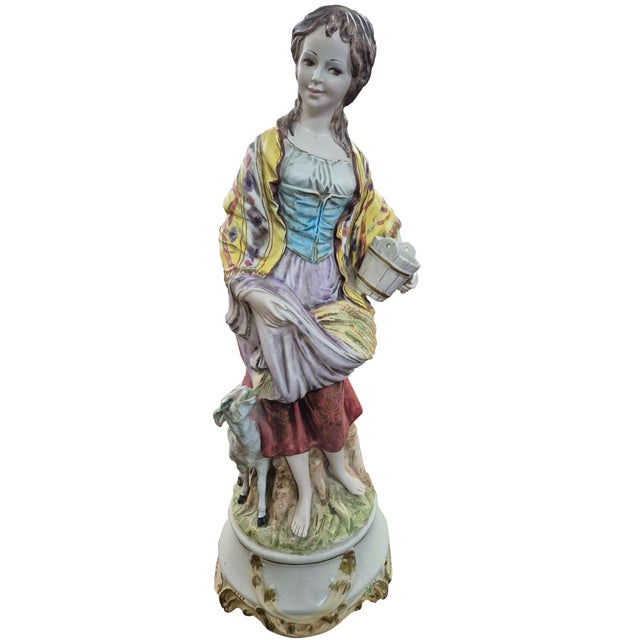 Large Italian Porcelain Figurine of Young Peasant Girl with Lamb, 1950s For Sale - Image 6 of 10