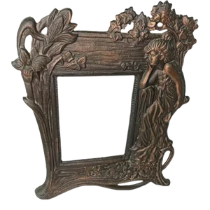 1980s Edwardian Art Nouveau Cast Iron Frame with Woman, Flowers Leaves Dark Brown Copper Finish
