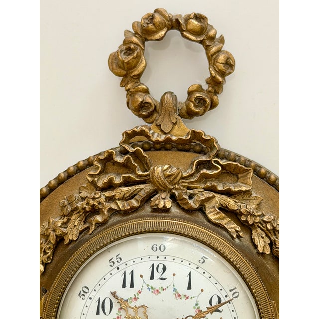 French Antique French Cartel Wall Clock in Gilt Bronze With Enamel Dial For Sale - Image 3 of 5