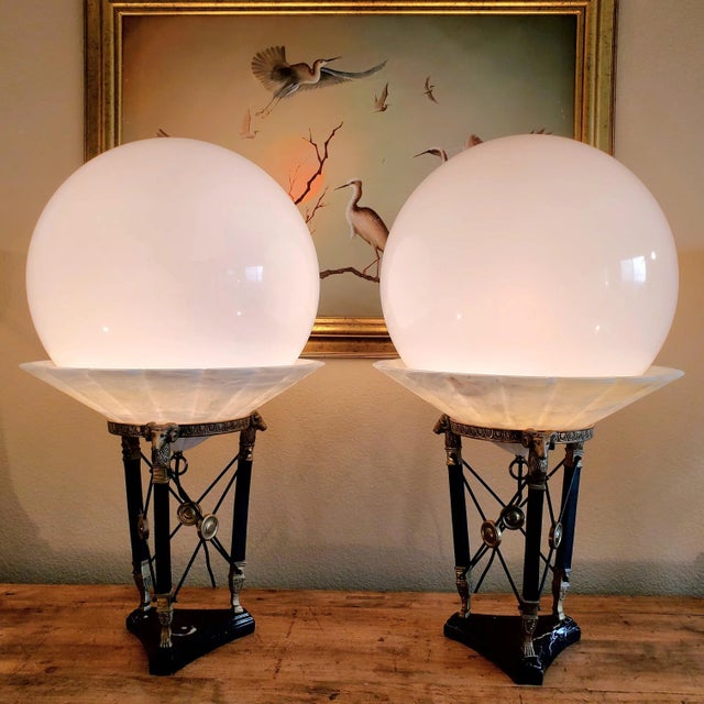 Metal Pair of 1920s French Neoclassical Rams Head Marble Athenienne Alabaster Globe Table Lamps For Sale - Image 7 of 12