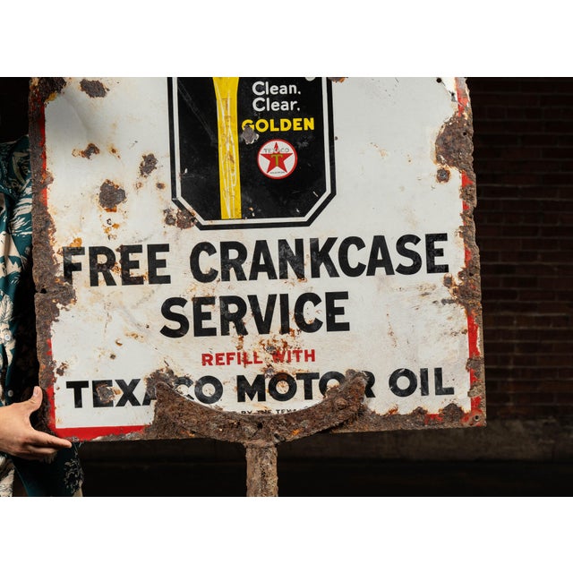 Vintage Texaco Crankcase Service Single-Sided Porcelain Sign on Post For Sale - Image 4 of 9