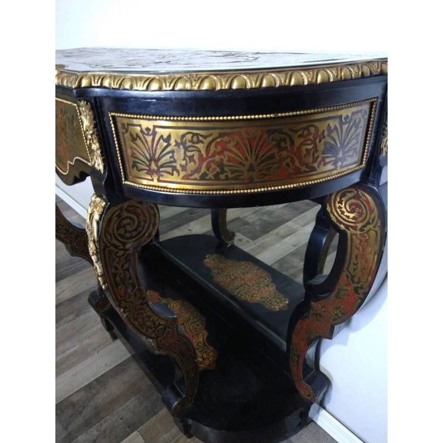 French Antique Gilt Bronze-Mounted “Boulle” Marquetry Inspired and Part-Ebonised Console Table For Sale - Image 3 of 8
