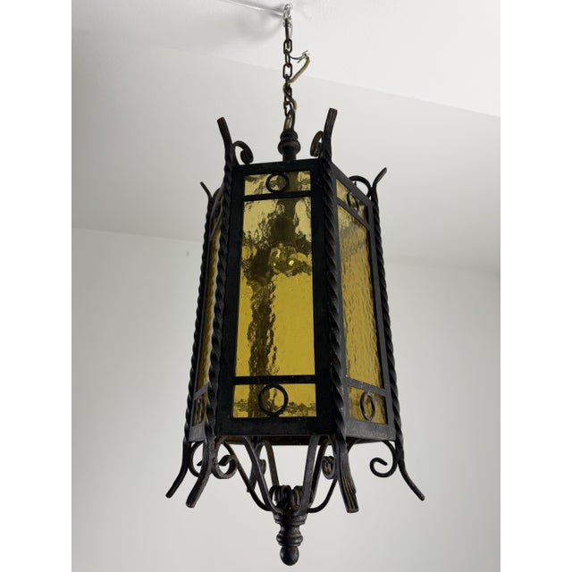Gothic-Style Wrought Iron Lantern with Yellow Glass, 1960s For Sale - Image 4 of 14
