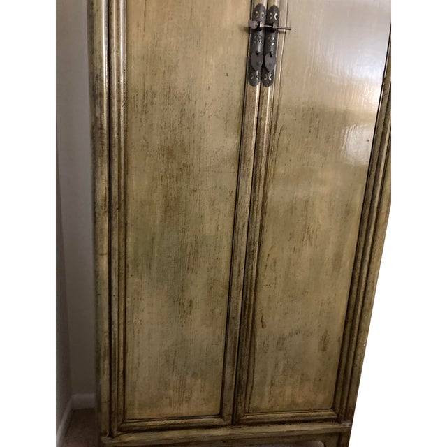 Olive Oriental Distressed Light Olive Green Tall Narrow Noodle Cabinet Armoire For Sale - Image 8 of 8